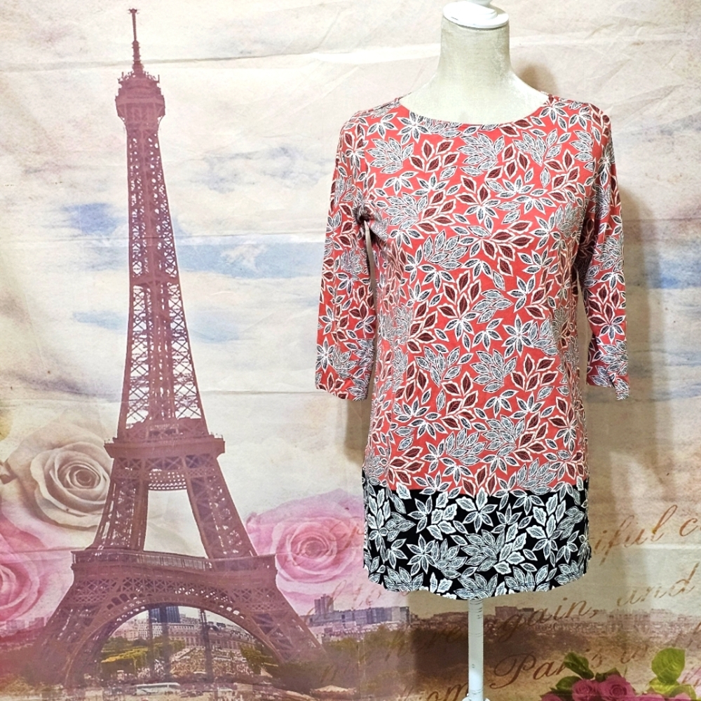 J. Jill Coral and Black Leaf Pattern Blouse Sz S